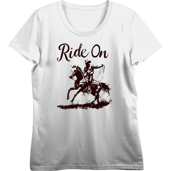 Cowboy "Ride On" Women's Vivid White Crew Neck Short Sleeve Top-Medium