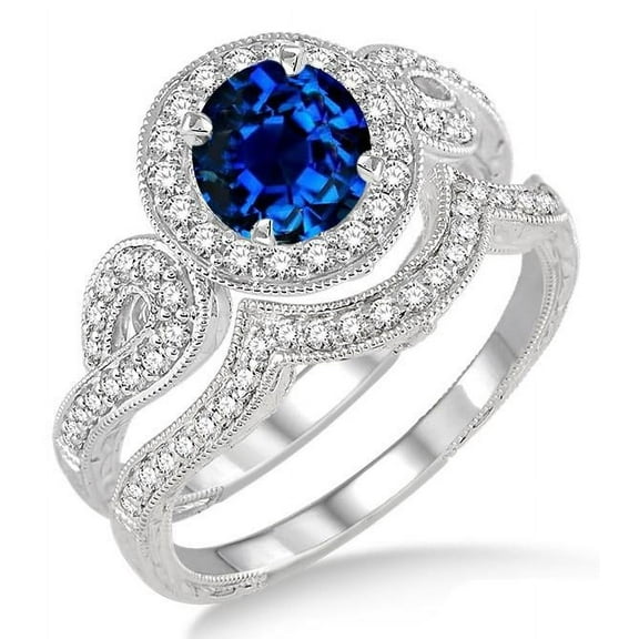 Classic Art Deco 6mm Round Shape 2.25 Carat Blue Sapphire And Moissanite Diamond Wedding Ring Antique Halo Bridal Set On 10k White Gold