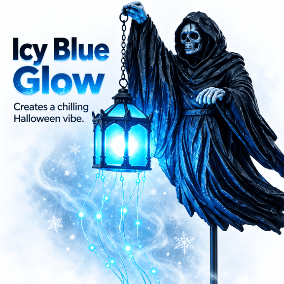 Diceymbol 2D Halloween Blue LED Glowing Ghost Light Strip with Skull Lantern, 9.84 in Spooky Courtyard Garden Porch Outdoor Decorations