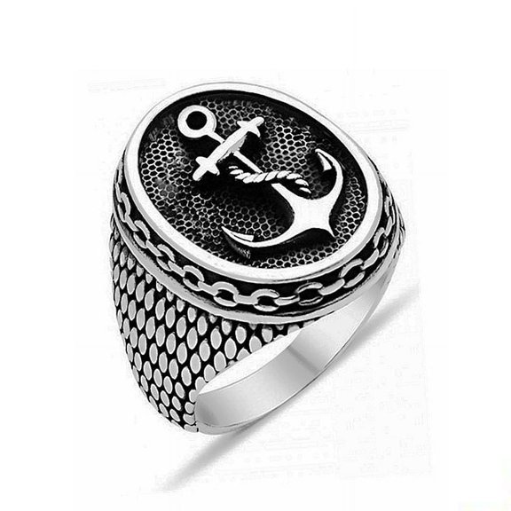 14K White Gold Hip Hop Anchor Chains Navy Vintage Punk Rings for Men Women Couple Boyfriend Gift Fashion Jewel
