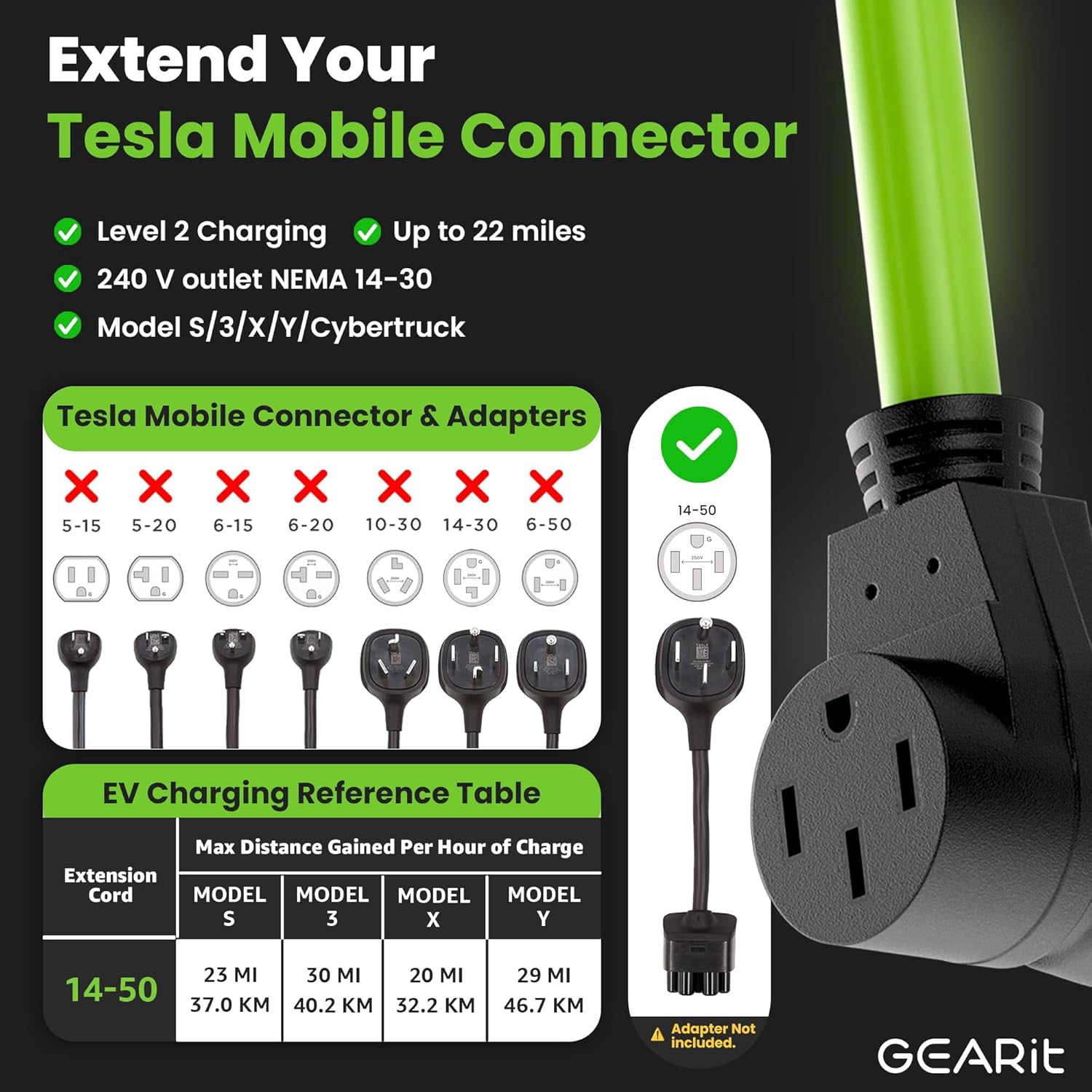 GEARit 4-Prong 250V 50A Electrical Adapter Power Extension Cord, 15 ft, NEMA 14-50, Weatherproof and Durable