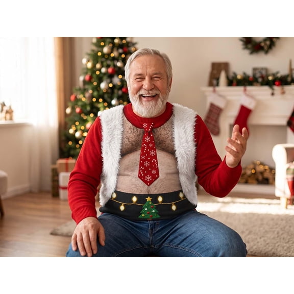 Ugly Christmas Sweater Red Funny Christmas Sweatshirt Hairy Chest Sweater Santa Claus Outfit