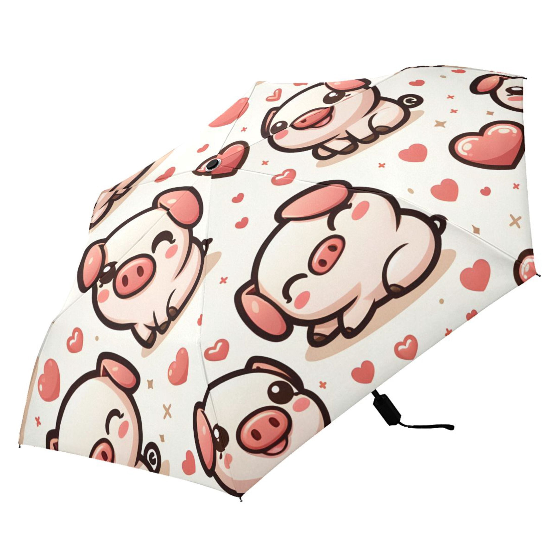 Cute Pig with Hearts Compact Sun Umbrella Windproof Travel Umbrellas for Rain Strong Portable UV Protection