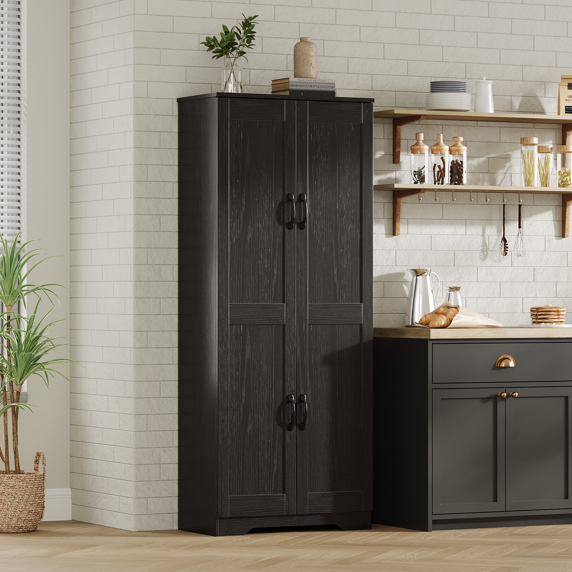 Tall Pantry Cabinet, 60" Kitchen Storage Cabinet with 2 Doors & Adjustable Shelves, Freestanding Wooden Cupboard for Bathroom，Dining Room, Living Room,Black