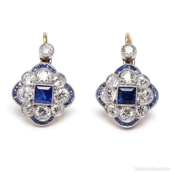 Rag Jewels 925 Sterling Silver 2.00 Ctw Princess Cut Sapphire & Diamond Engagement Wedding Drop Dangle Earring's 14K 2 Tone Gold Plated For Women's