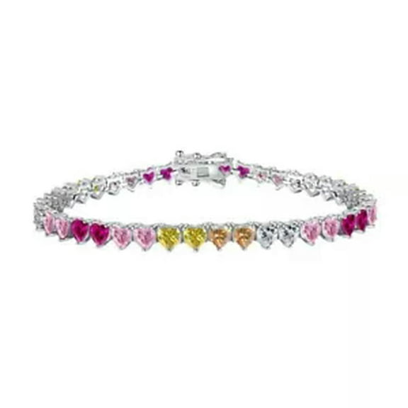 K-KED 925 Sterling Silver Colorful Heart Zirconia Tennis Bracelets Party Wedding Gifts-18 cm