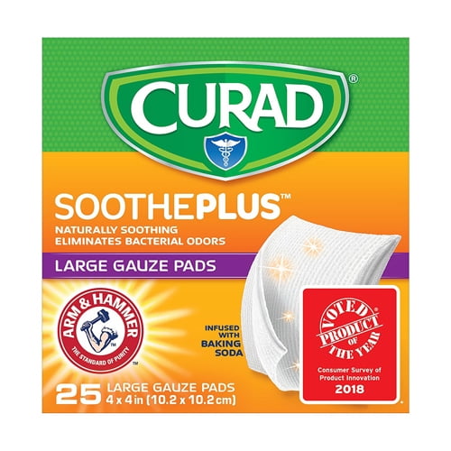 Curad Sootheplus Large Gauze Pads with Baking Soda, Arm and Hammer, 4 X