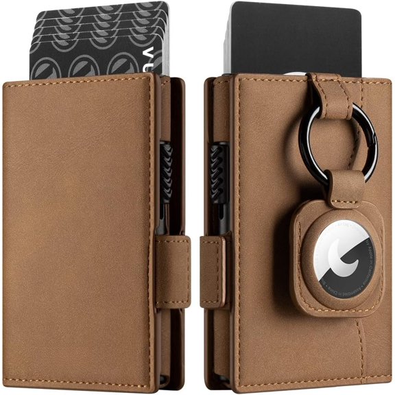 Mens Wallet with Key Ring & Airtag Holder Leather Pop Up Card Holder RFID Blocking Wallet Compartment