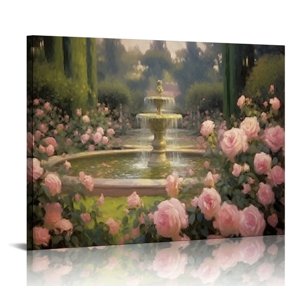JRXY Framed Canvas Vintage Wall Art Print, Rose Garden Prints Home Decor, Canvas Classic Floral Landscape for Living Room, Office Hallway Decor, 20x16in