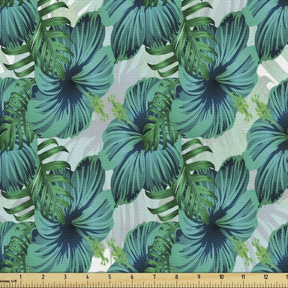 Exotic Fabric by the Yard Aloha Summer Hibiscus and Tropic Leaves Decorative Upholstery Fabric for Sofas and Home Accents  by Ambesonne
