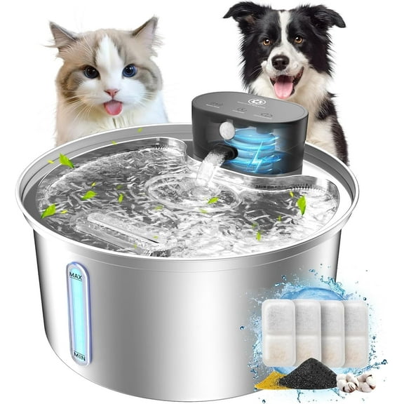 Wireless Cat Water Fountain, Stainless Steel 108OZ/3.2L Cordless Automatic Sensory Cat Water Fountain, Battery Operated Pet Water Fountain Rechargeable Water Dispenser with 4 Filters for Cats Dogs