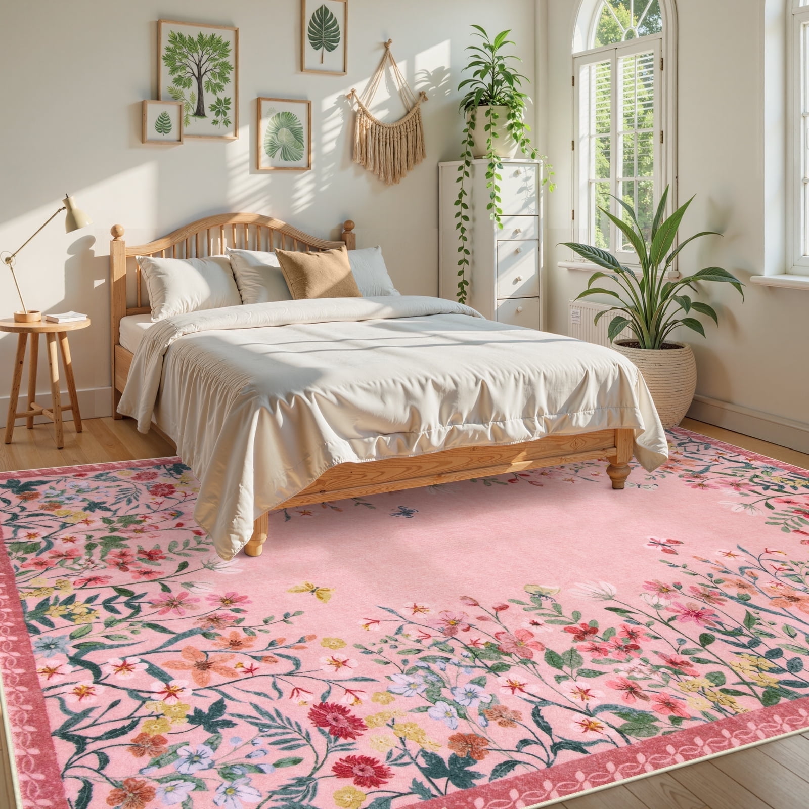 Wonnitar 8'x10' Floral Large Area Rugs for Living Room, Ultra Soft Washable Bedroom Rug Non Slip Pink Vintage Accent Carpet for Dressing Room Home Office Room Sunroom Vanity Area, Soft Non Slip