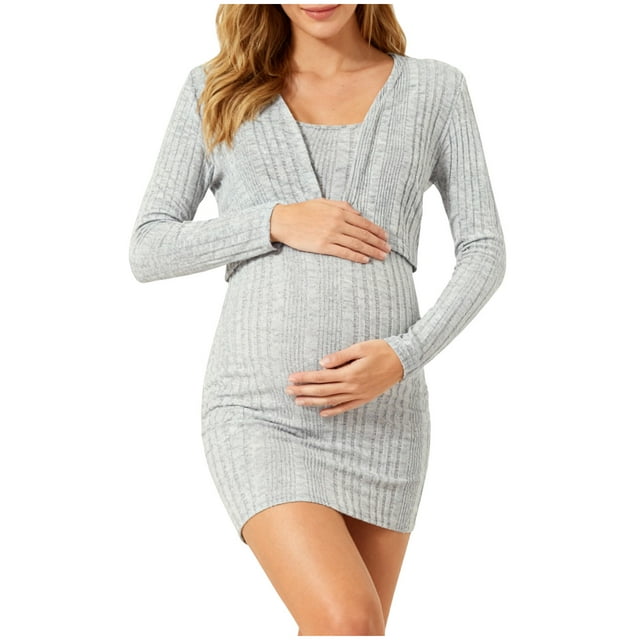 dmqupv Robe de Maternité Été Robe Tube de Maternité Courte Cardigan Moulante Côtelée Robe Maxi Décontractée Ensemble de Grossesse 2 Pcs Gris Pâle, Taille pour L