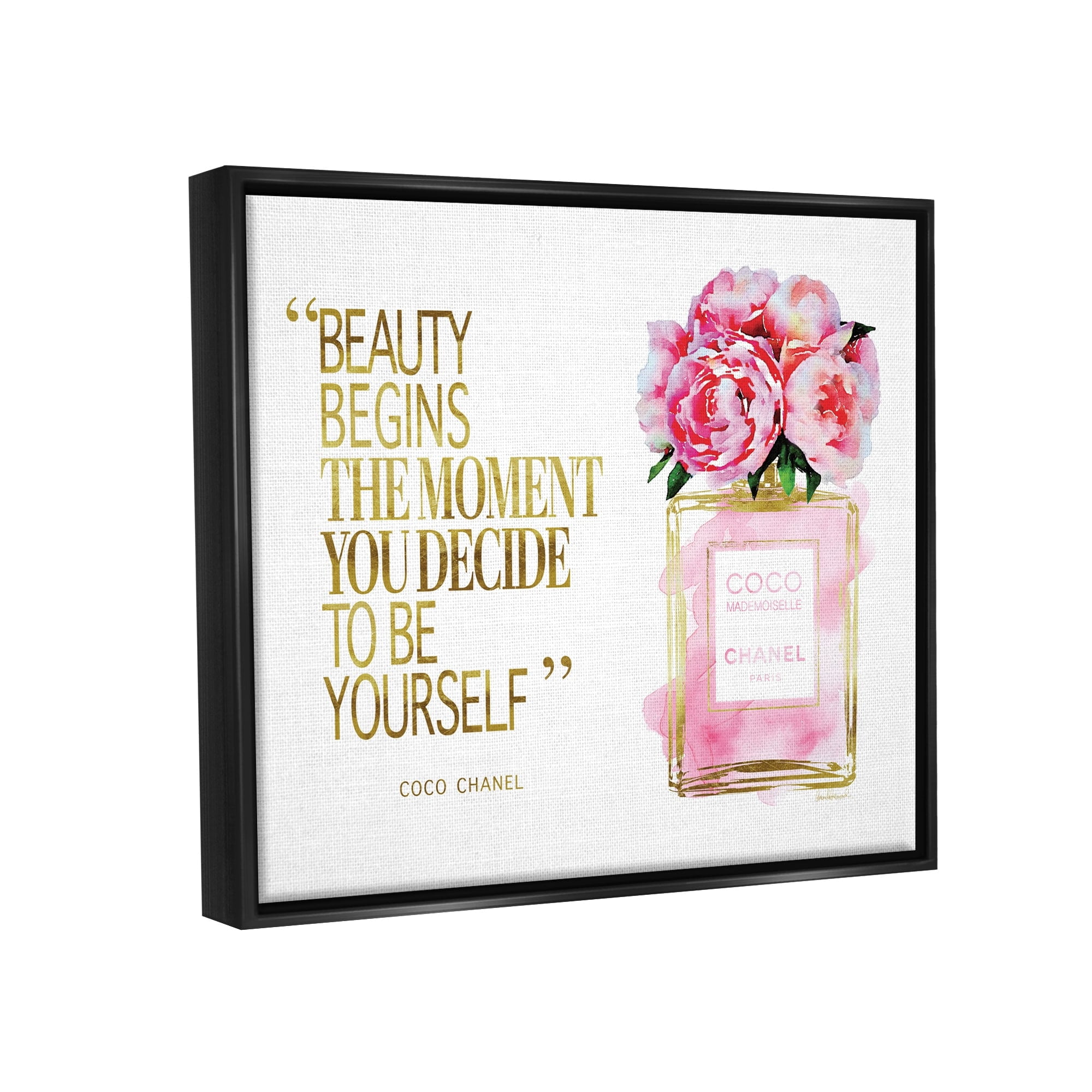 Stupell Industries Fashion Designer Perfume Gold Pink Watercolor Inspirational Word Jet Black Framed Floating Canvas Wall Art, 24x30, by Amanda Greenwood