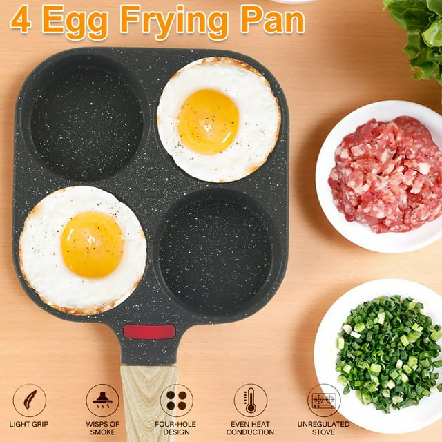 4 Cups Egg Frying Pan Nonstick Frying Pan Egg Set Mini Egg Cooker Omelet Pan Heavy-Duty Egg Skillet with Wooden Handle Breakfast Egg Pan with Brush and Spatula for Home Kitchen Cooking