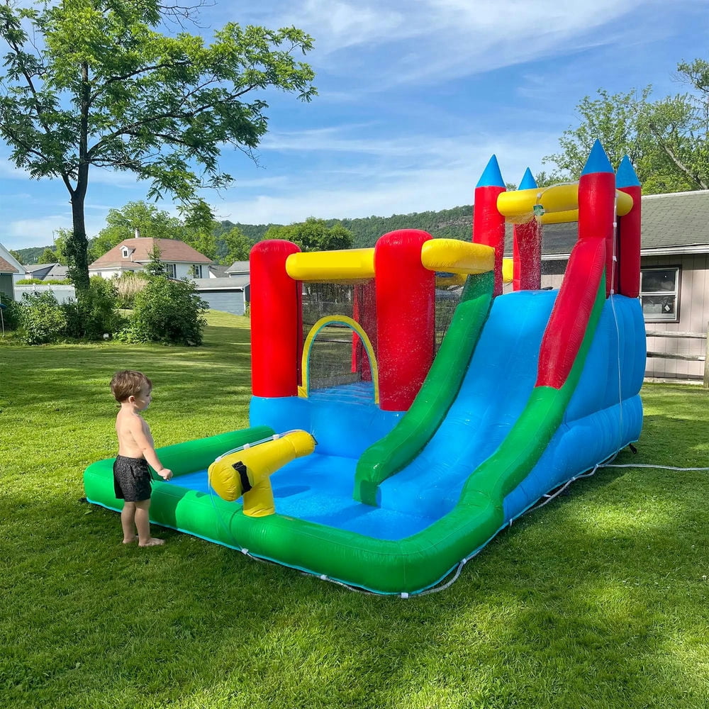 Topcobe 6-in-1 Kids Bounce House Inflatable Water Slide with Pool, Water Cannon, Climbing Wall, Inflator Included, Outdoor Water Play Toy, Kids Bounce House for Kids Backyard Activity