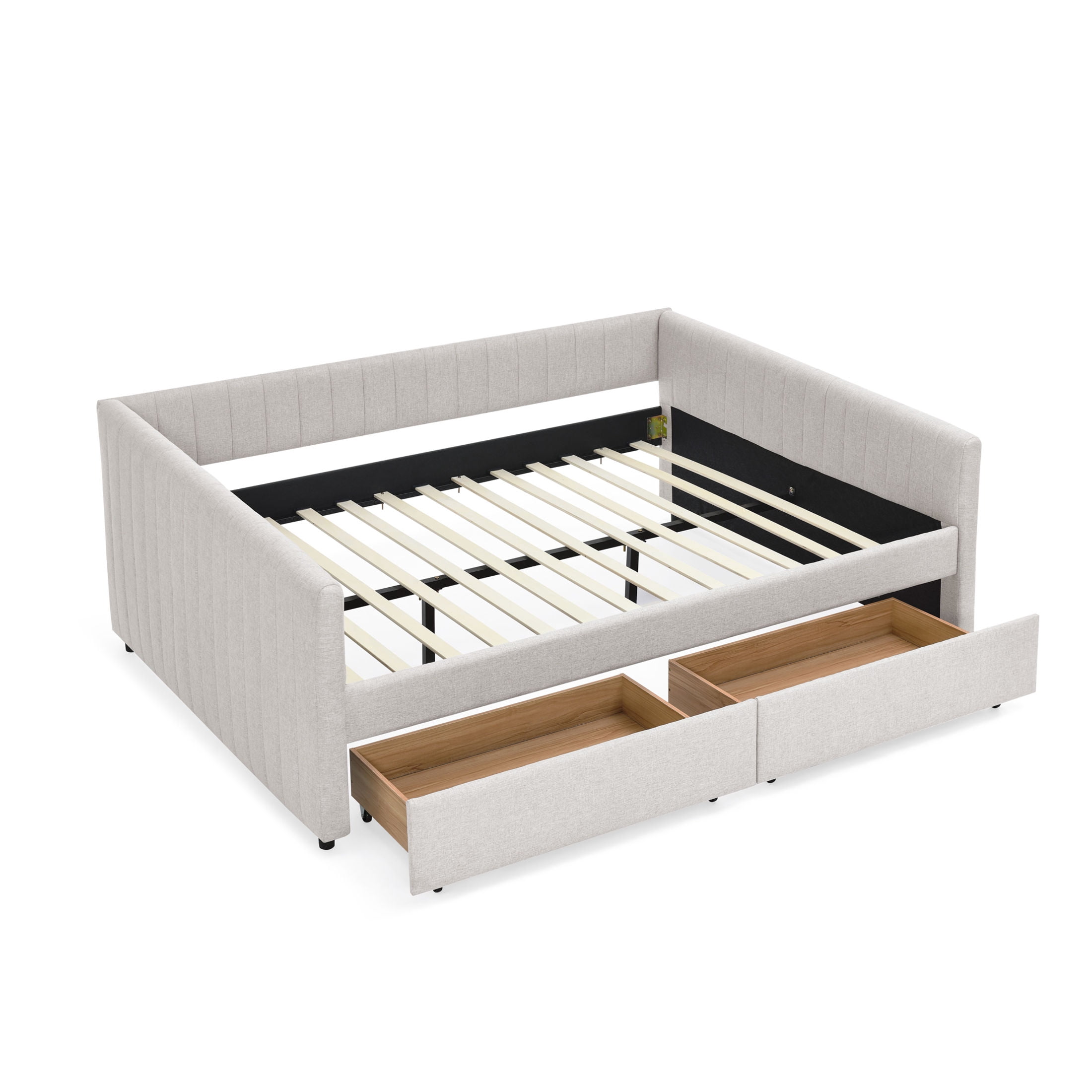 Noble House Solley Queen Size Daybed with Vertical Stripes & Storage Drawers, Linen Upholstered Sofa Bed, Beige