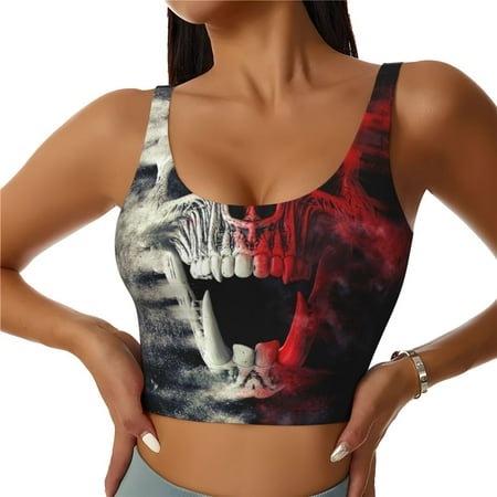 Qokaie Red And White Screaming Demon Skull Pattern Womens Scoop Neck Sports Bra Breathable Workout Vest Padded U Back Medium Impact Fitness Gym Yoga Bra Workout Crop Top-