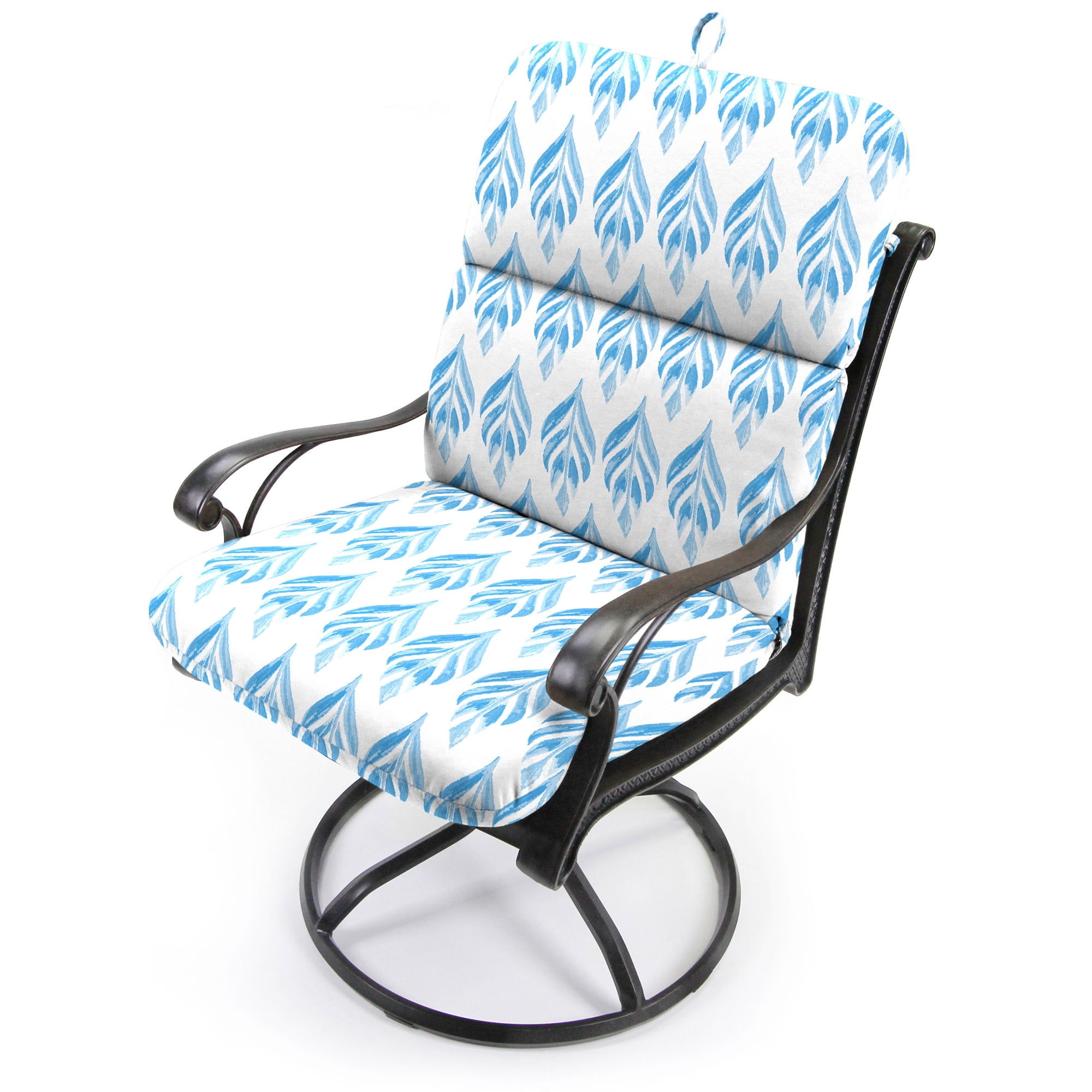 Jordan Manufacturing 45" x 22" Marvel Azure Blue Leaves Rectangular Outdoor Chair Cushion with Ties and Hanger Loop