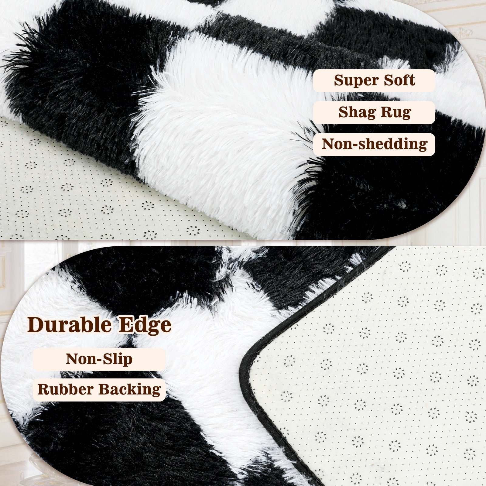 ZRSDIXK 8'x10' Area Rugs for Living Room, Large Shag Fluffy Rug Checkered Carpet, Black & White