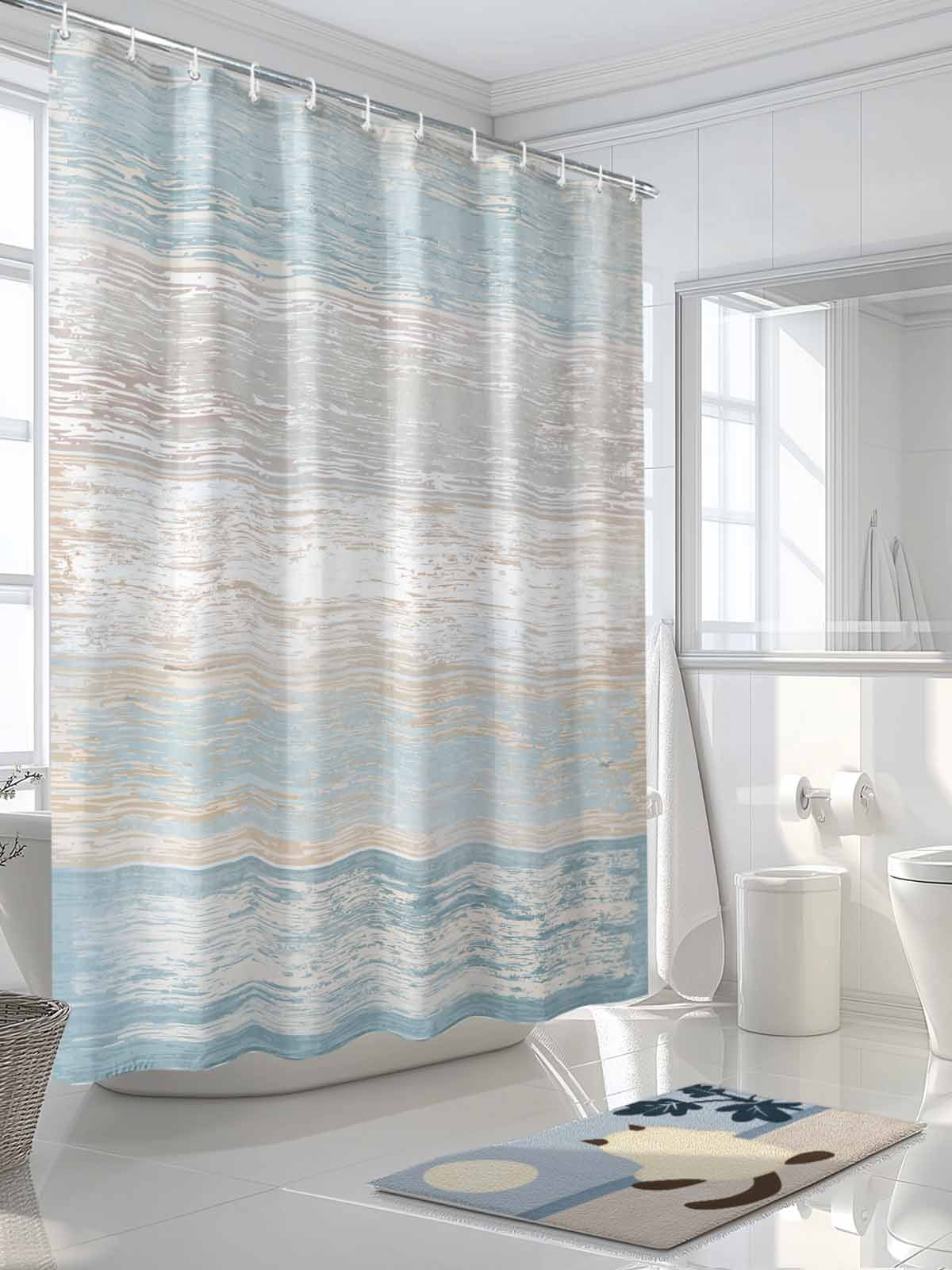 Blue Beige Farmhouse Standard Shower Curtain Set, Waterproof Shower Curtains for Bathroom, Vintage Wooden Striped Washable Fabric Cloth Bath Curtain for Bathtub Decoration with Hooks 72x72 Inches