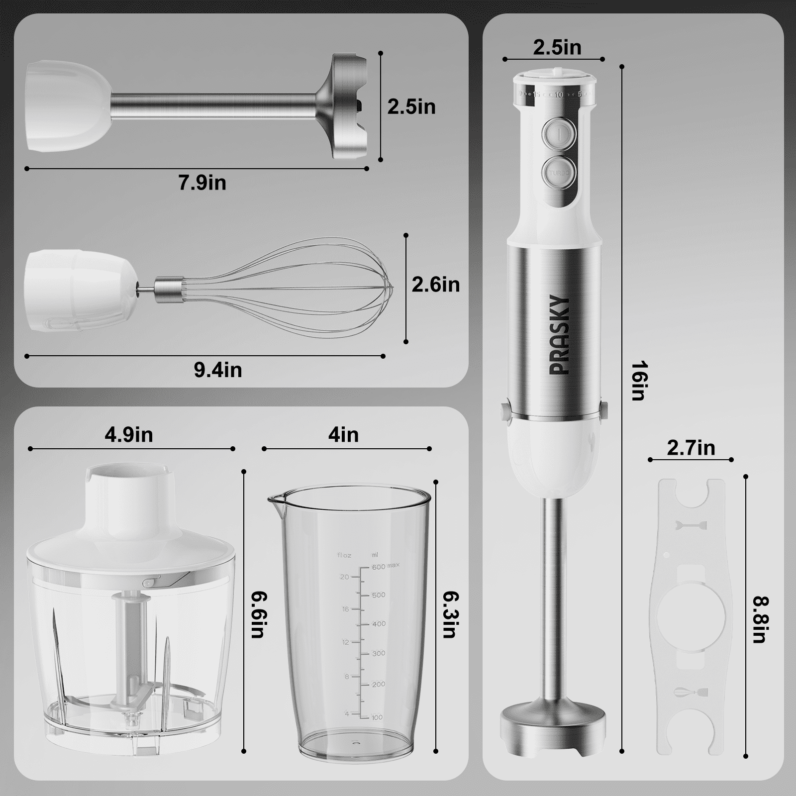 PRASKY Immersion Hand Blender, 6-in-1 Handheld Blender for Kitchen, 20 Speeds Food Processor, Egg Whisk, Milk Frother, Beaker (White)