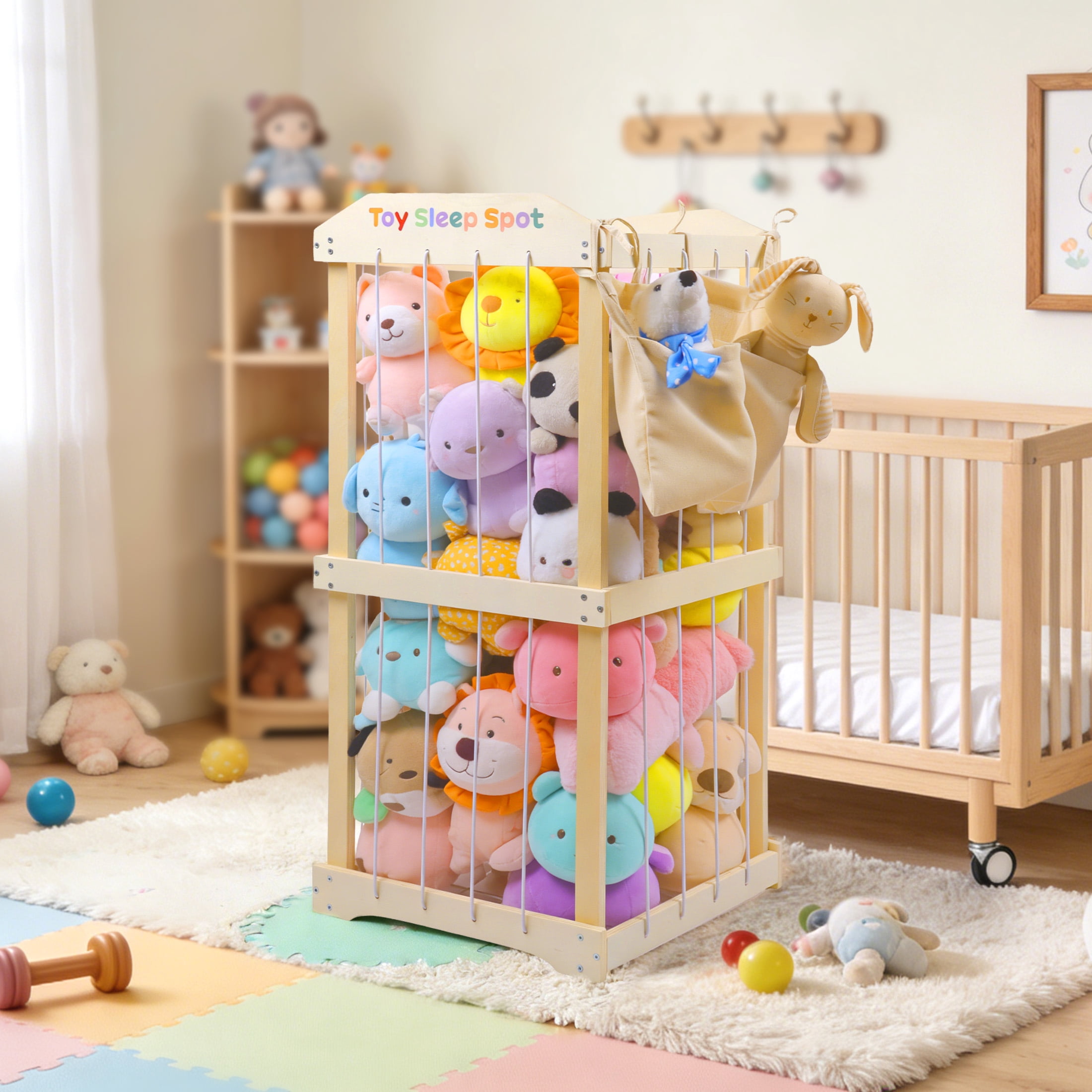 WETRBWEH Wooden Stuffed Animal Storage with Removable Hanging Storage Net, Large Toy Organizers and Storage, Stuffed Animal Holder for Toddler Rooms
