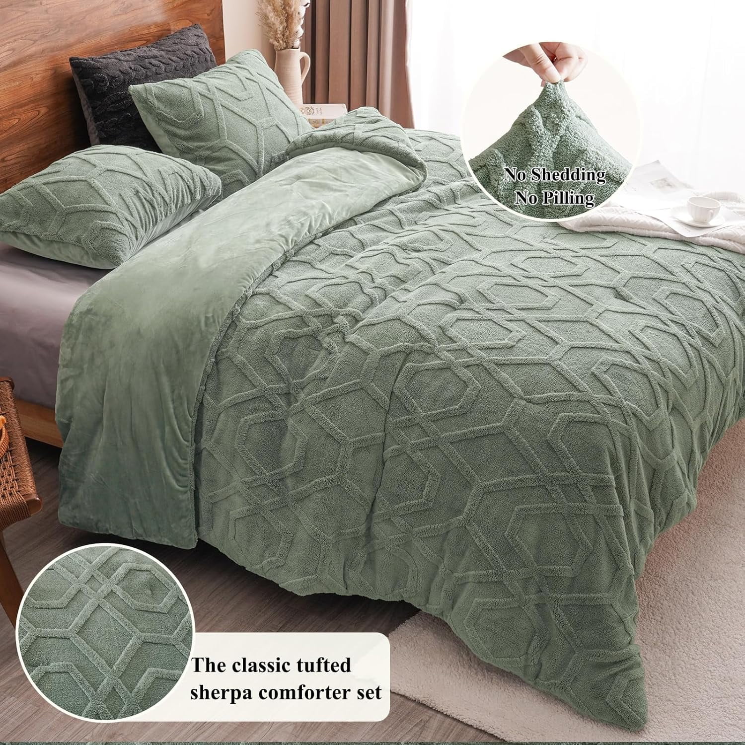 PHF Warm Sherpa Fleece Twin Comforter Set, 3D Tufted Fluffy Sage Green Bedding for Winter, Soft 2 Pieces Shaggy Bed Set, 1 Comforter (68"x90") and 1 Pillowcase (20"x26")