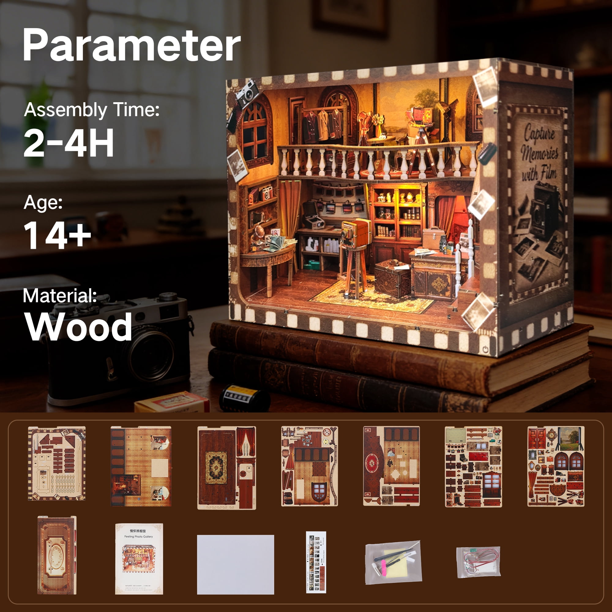 BELEEV Book Nook Kit,DIY 3D Wooden Puzzle with LED Lights and Dust Cover,Miniature House Model Kit for Adults Teens,Bookshelf Decor Gift - Vintage Photo Studio
