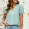 thumbnail image 4 of Besolor Cute Tops for Women Lace Trim V Neck Tees Shirts Puff Short Sleeve Solid Color Office Blouses Summer T Shirts, 4 of 5
