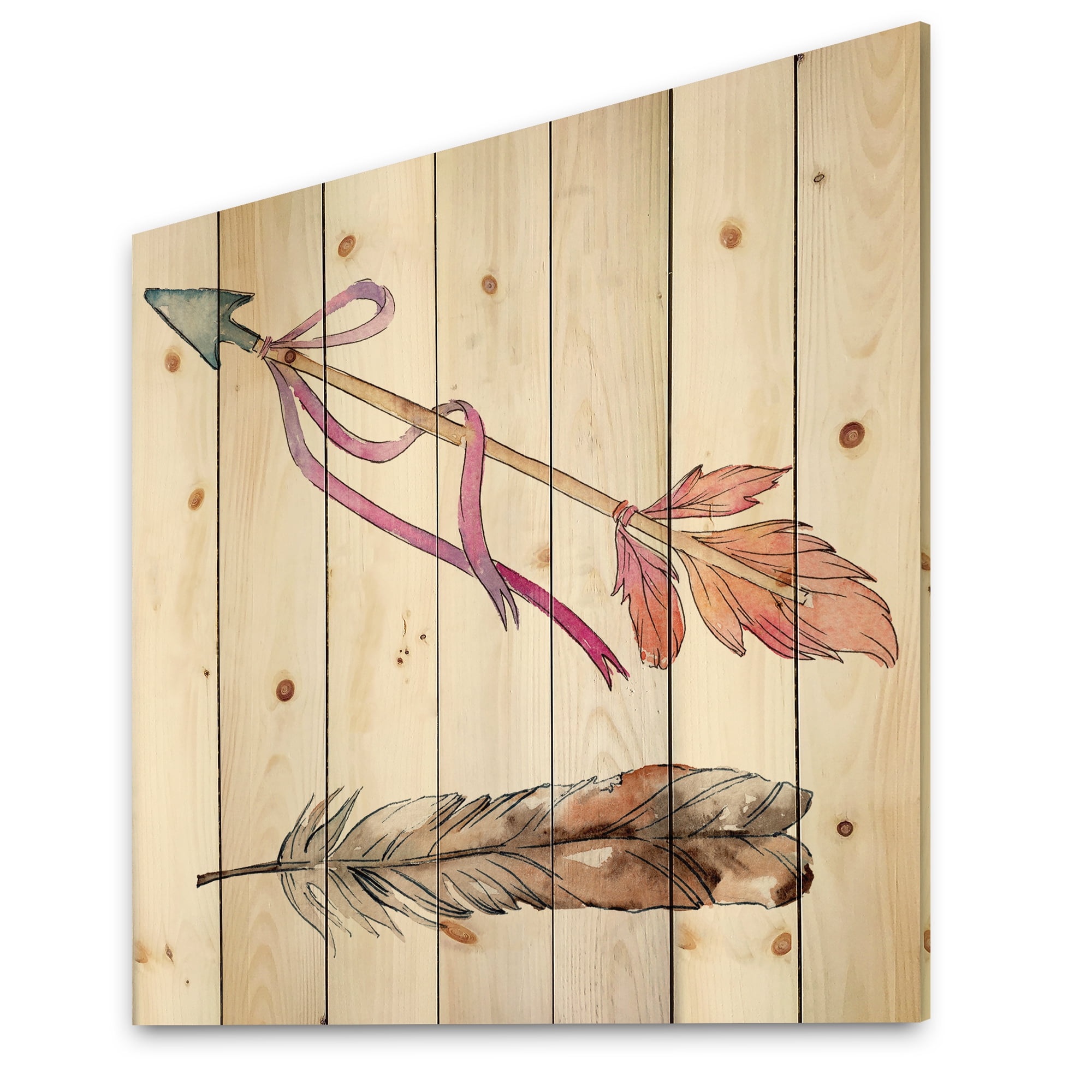 Designart 'Pink Bird Feather From Wing on Arrow' Bohemian & Eclectic Print on Natural Pine Wood