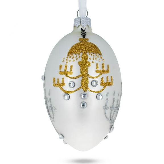 Chandeliers On White Glass Egg Ornament 4 Inches