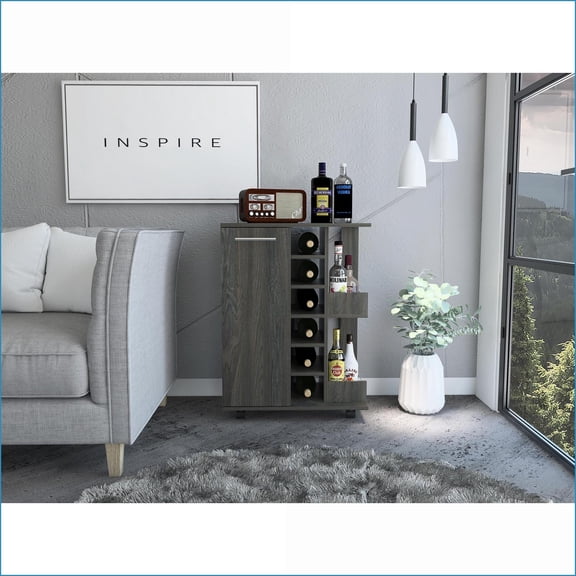 Bar Cart with Cabinet, 6 Cubbies & 2 Shelves - Ebony | Modern | Particle Board