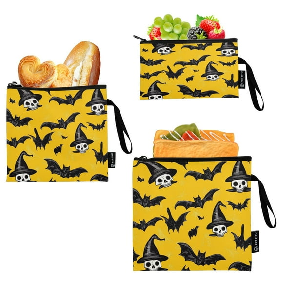 3 Size Reusable Food Storage Bags Set Airtight Zipper Closure Lunch Snacks Travel Organizer Black Bats