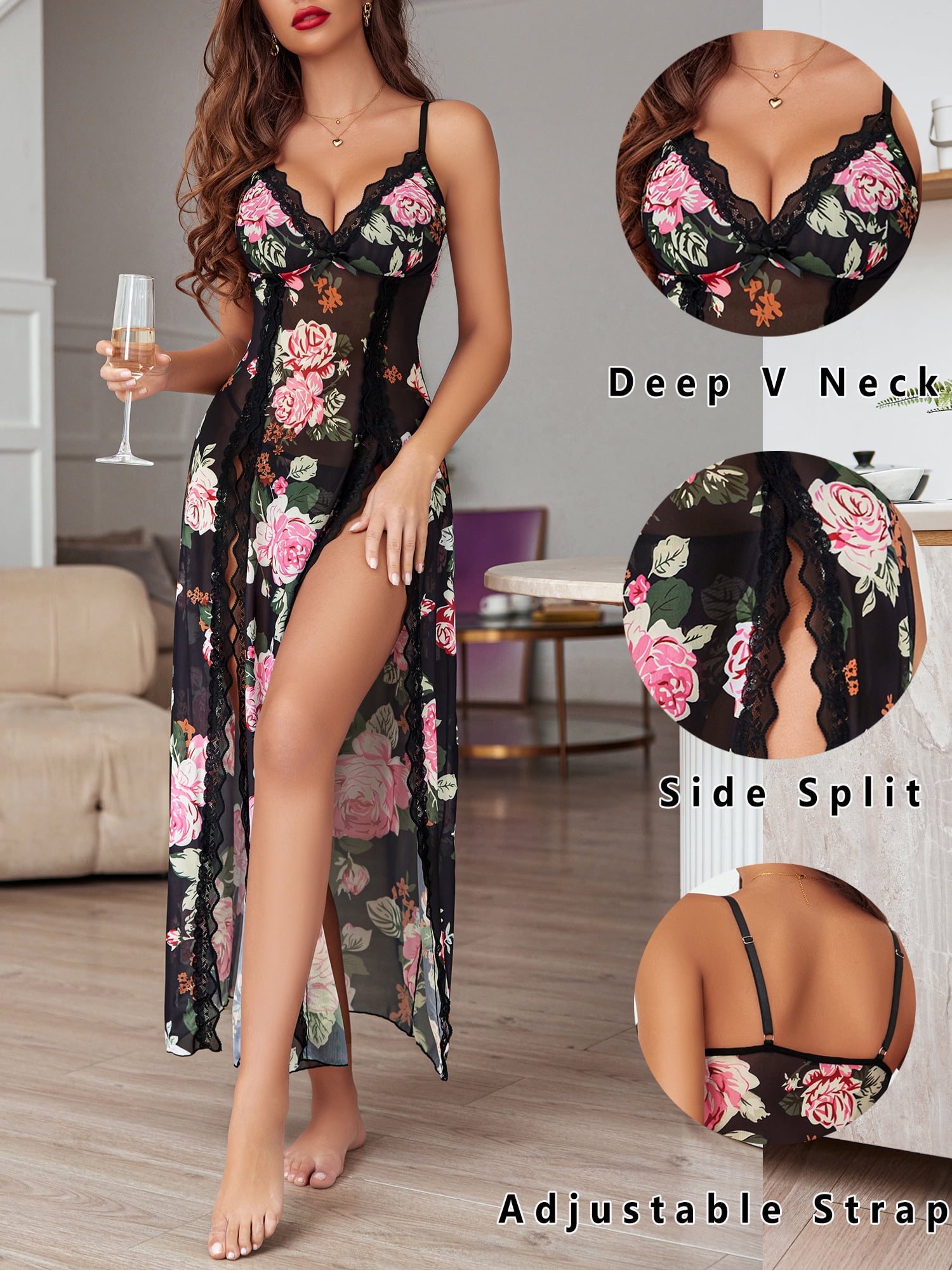 Sexyfree Lingerie for Women Side Split Chemise Sexy Nightdress Deep V Neck Nightwear Long Nightgown