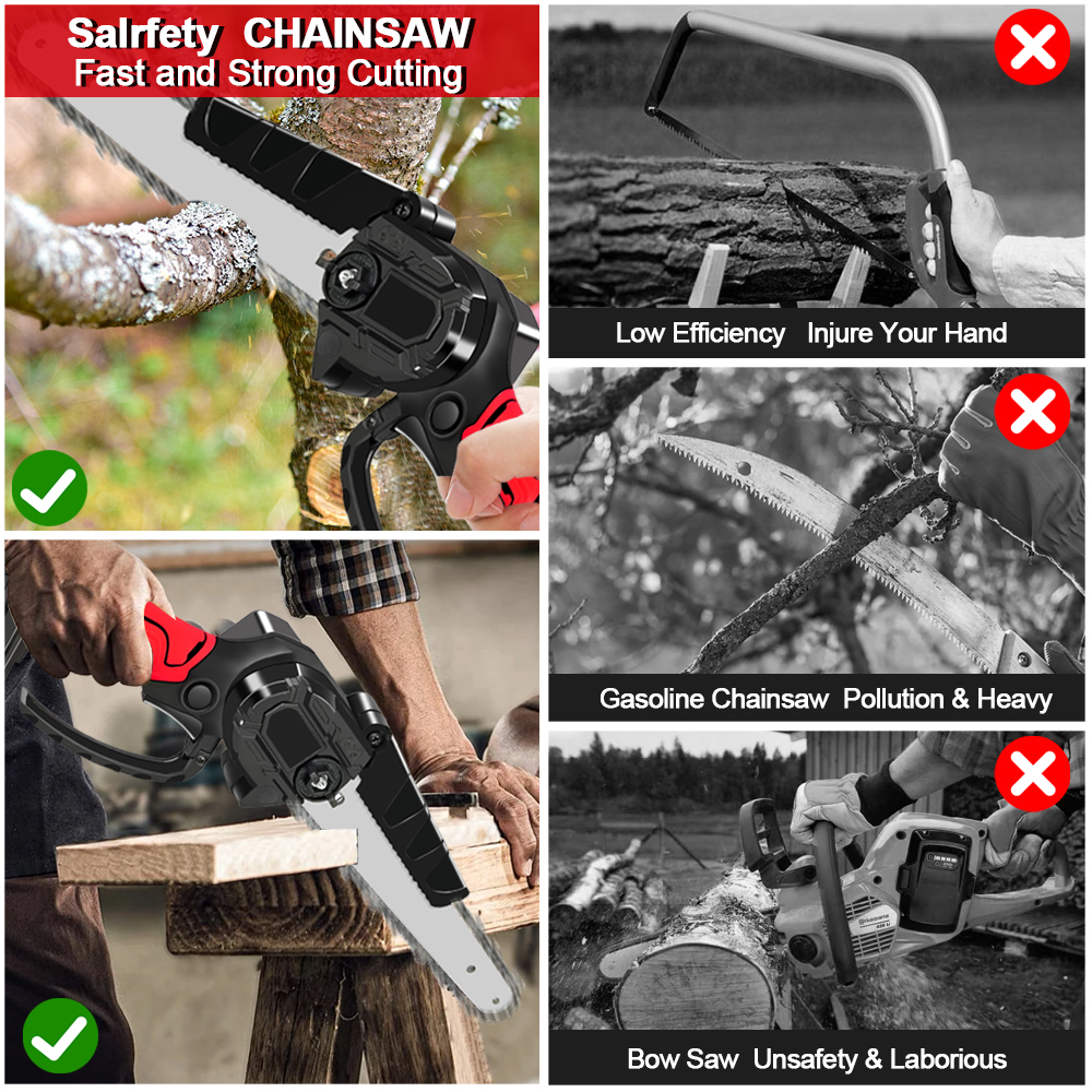 Cordless 8 Inch Electric Chainsaw, Brushless Electric Chainsaws with 1 Batteriy & 2 Chains, Portable Chainsaw for Tree Trimming, Wood Cutting