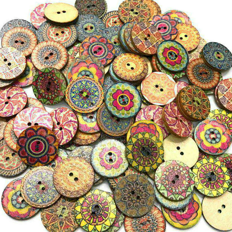 Geweyeeli 100pcs/bag Round Assorted Floral Printed Wooden Decorative Buttons for DIY Sewing Crafts Color Random, Size: 25 mm