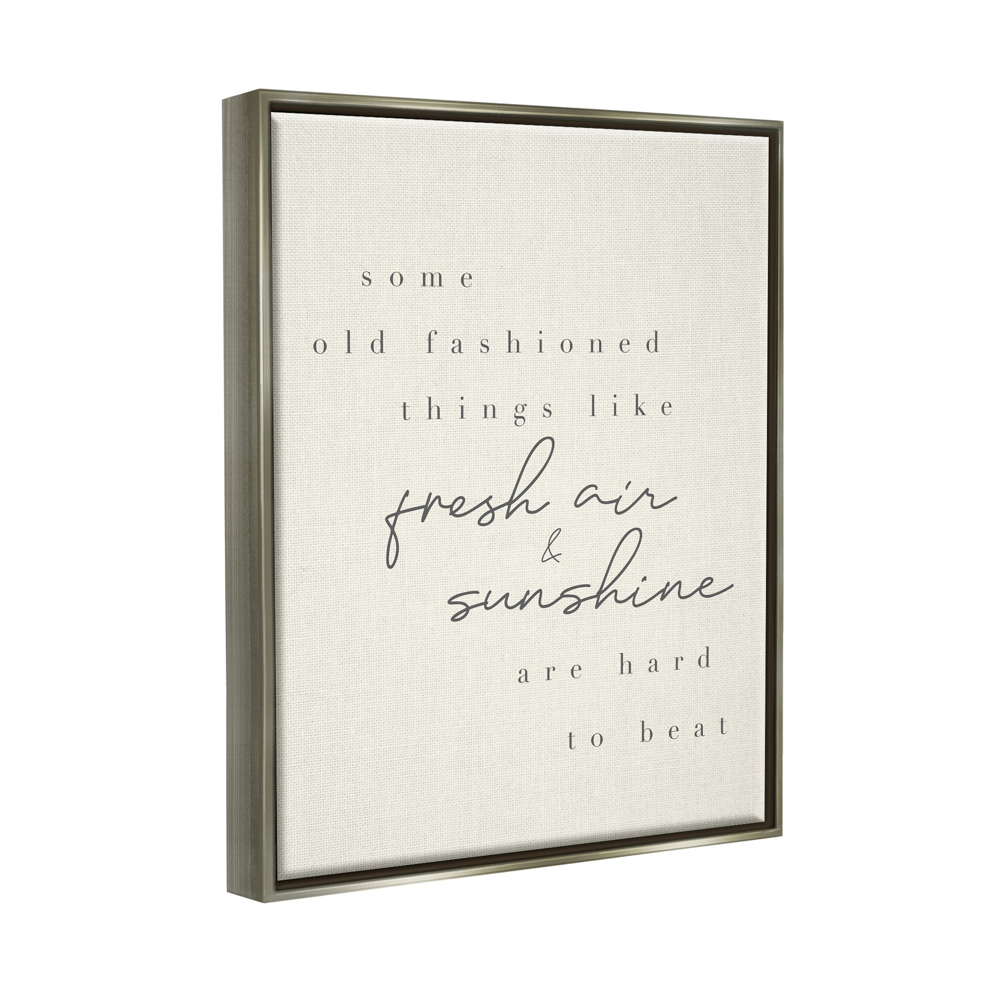 Stupell Industries Fresh Air & Sunshine Comforting Cursive Typography Graphic Art Luster Gray Floating Framed Canvas Print Wall Art, Design by Daphne Polselli