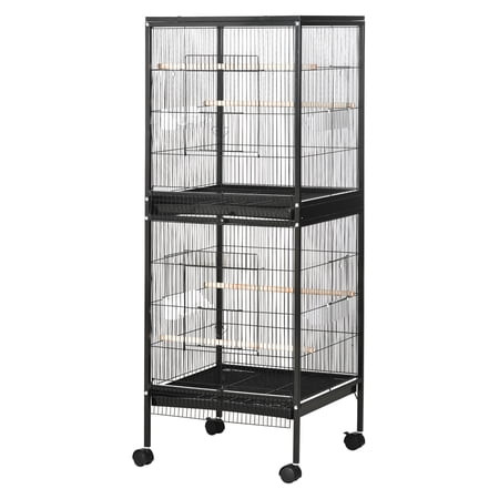 55" 2-in-1 Bird Cage Aviary - Large Parakeet House for Finches, Budgies with Wheels - Black