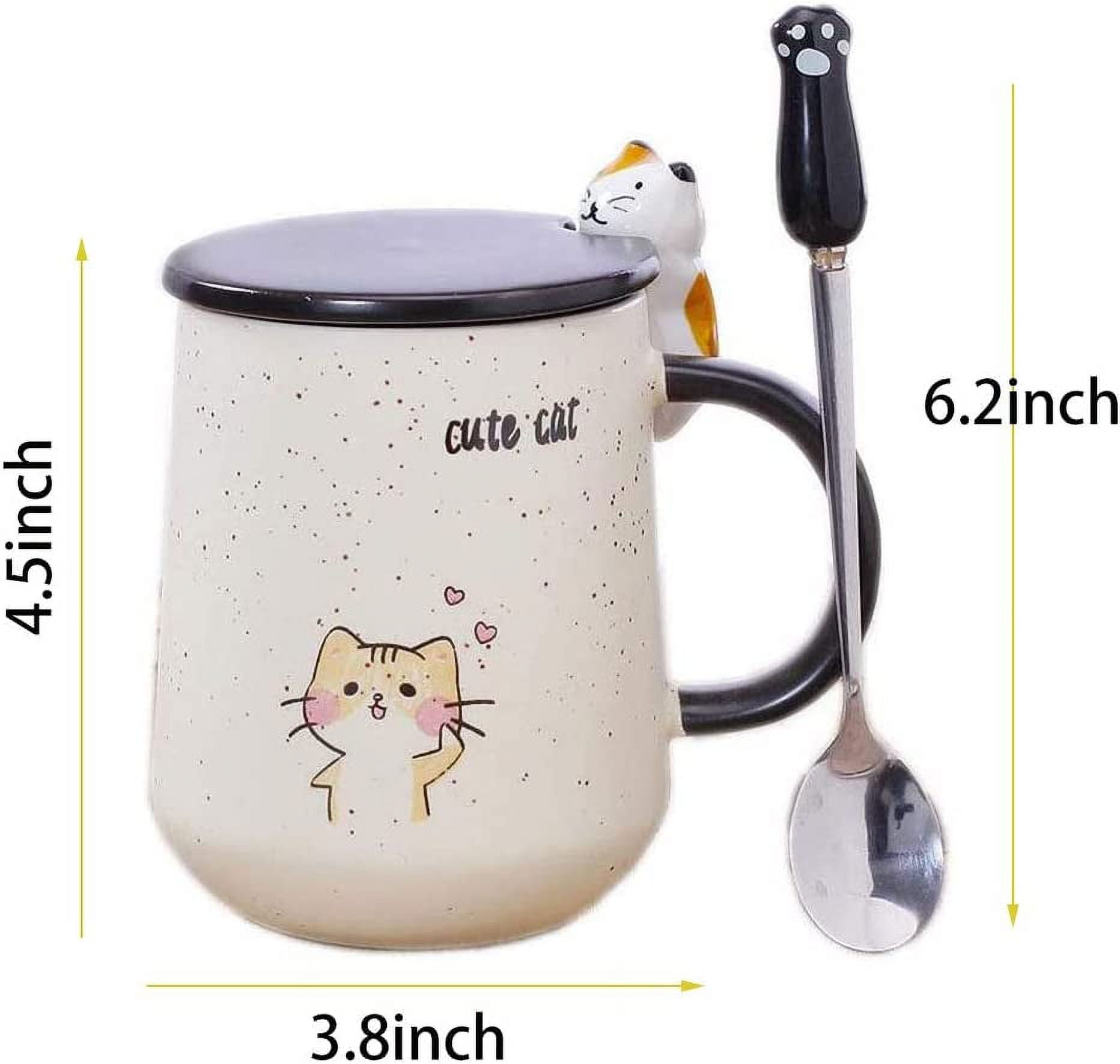 Ceramic Coffee Mug,Cute Cat Handmade Tea Cups, with Lid and Stainless Steel Spoon,Unique Hot Chocolate Novelty Mugs, Christmas, Birthday for Girls