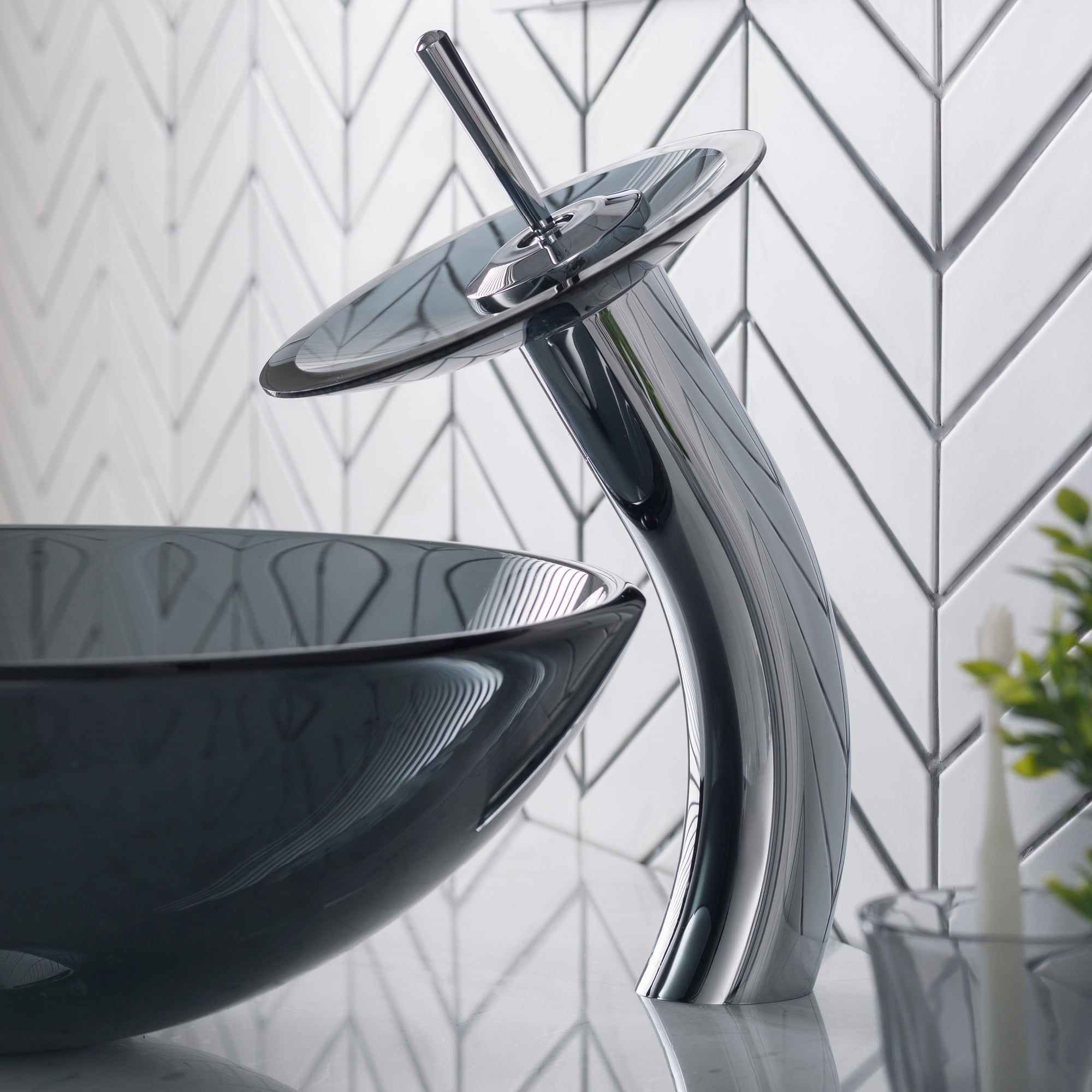 KRAUS Tall Waterfall Bathroom Faucet for Vessel Sink with Clear Black Glass Disk and Pop-Up Drain, Chrome Finish
