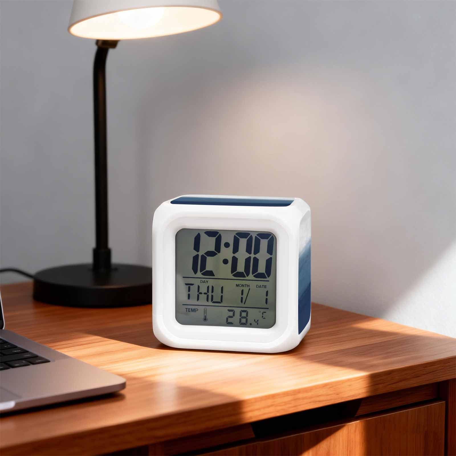 Alarm Clocks Navy Blue Digital Clock 7 Color LED Night Light Silent Non-Ticking Battery Operated Gradient Pure Color Cube Clocks Decorative for Bedroom Bedside Living Room Office School Decor