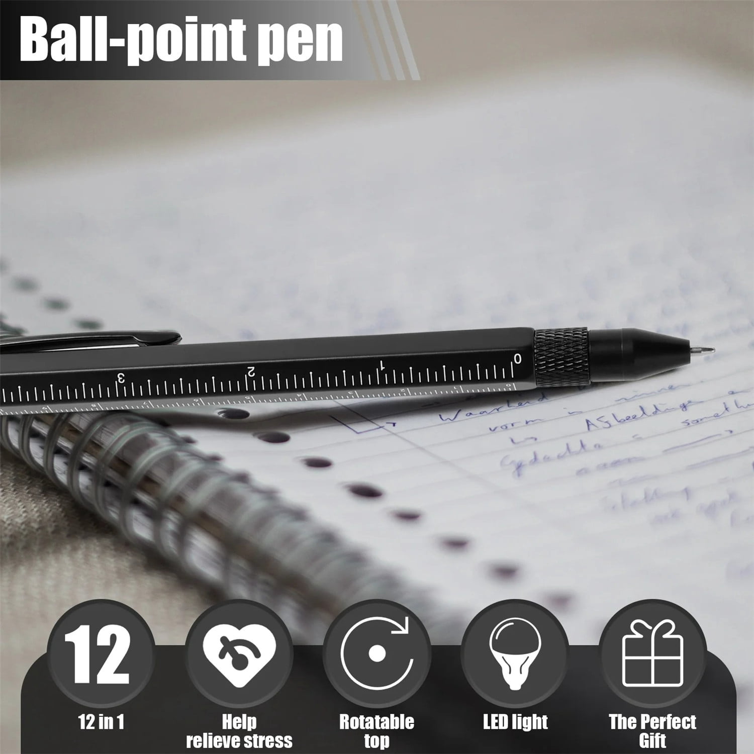 12 in 1 Multifunctional Ballpoint Pen, Metal Multi-Tool Pen with LED Light, Bottle Opener, Screwdriver, Ruler, Portable Pocket Tool Pen Gift for Men Dad Husband Grandpa Birthday Father's Day