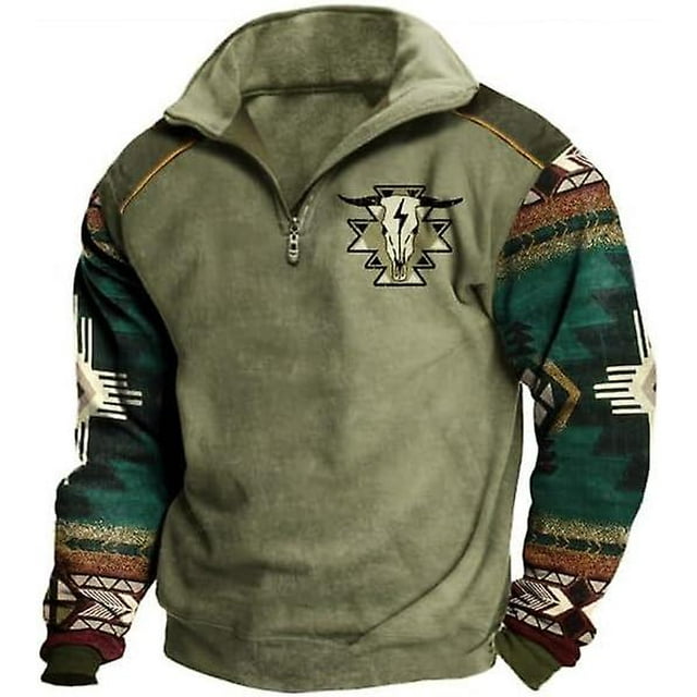 Sweat à Capuche Aztec Cowboy Vintage Tête de Taureau Imprimé Western pour Hommes Manches Longues 1/4 Zip