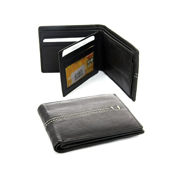 Men's Leather Bifold Wallet 6 Credit Card Slots 1 Id Window Stitch Design Black Wallet 4 x 3.25 inches