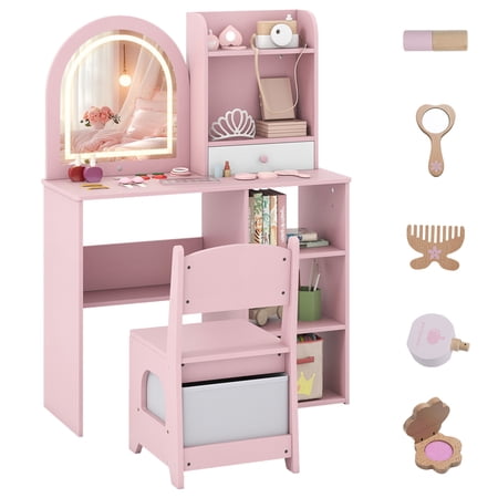 Costway Kids Vanity Set Princess Girls Makeup Vanity Desk with 3-Color LED Lighted Mirror Pink