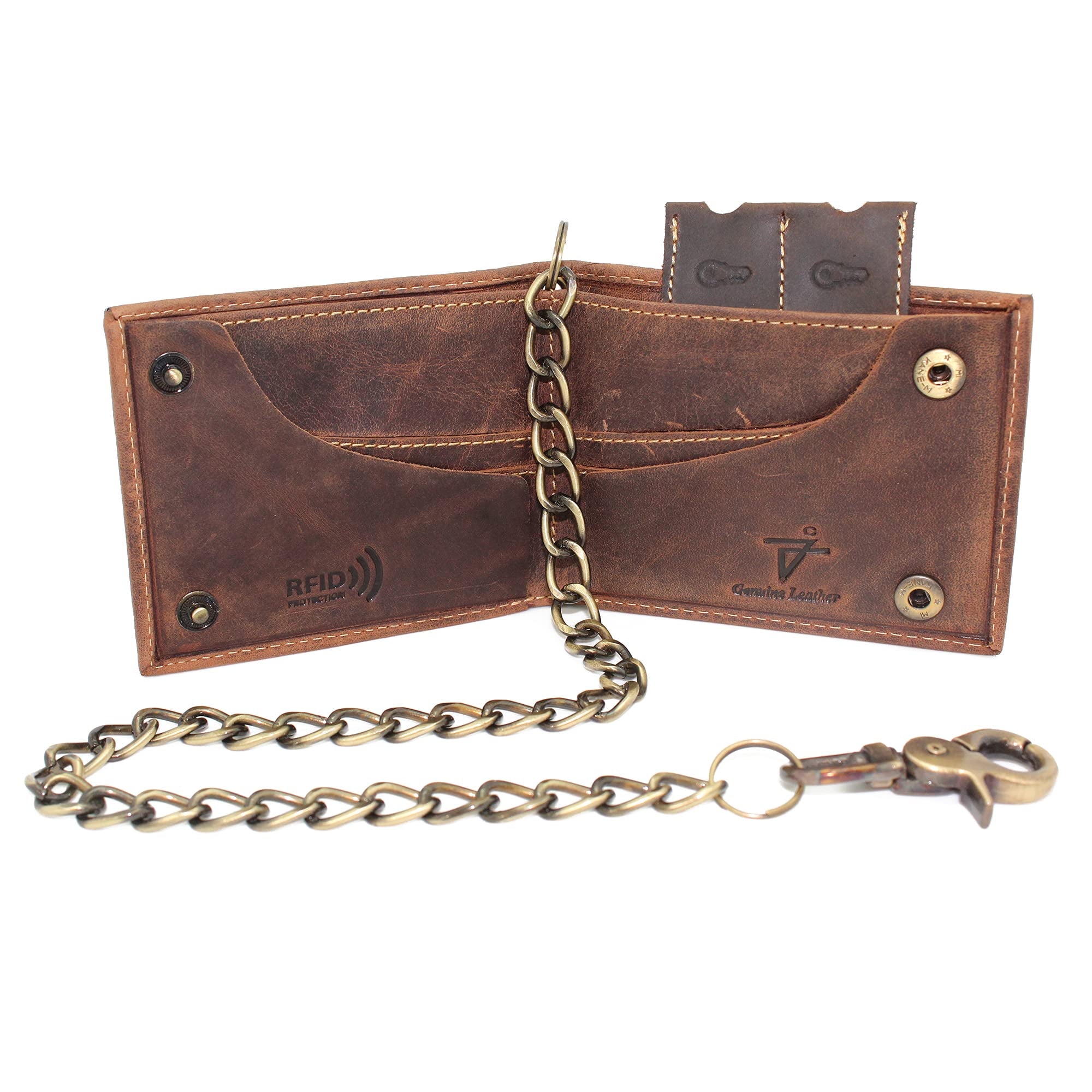 RFID safe Leather Bifold Chain Wallet for Men Snap Closed Crazy