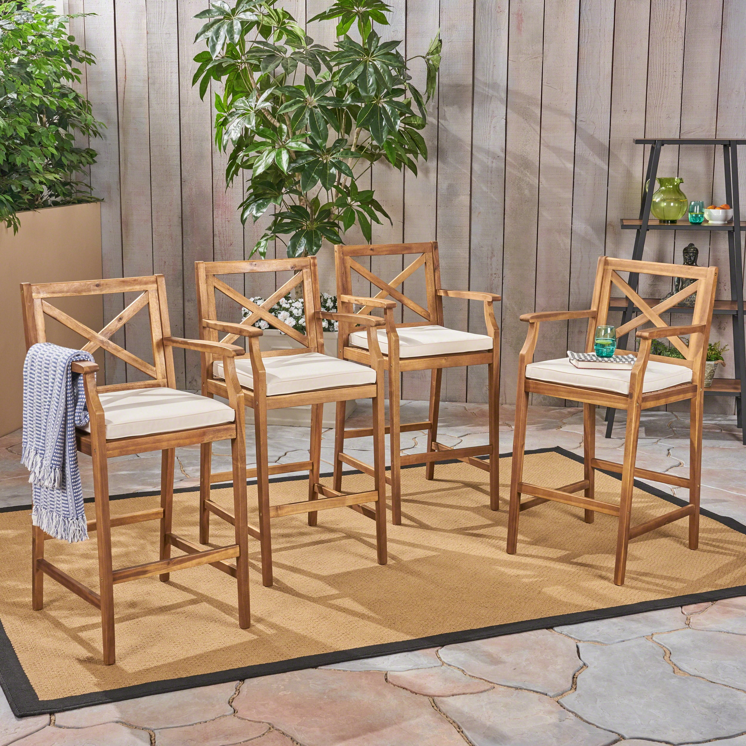 Danielle Outdoor Acacia Wood Bar Stools with Cushions, Set of 4, Teak ...