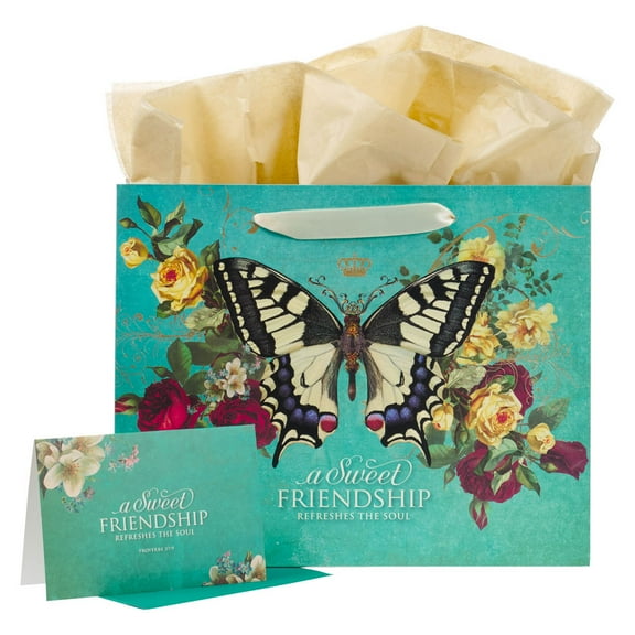 Christian Art Gifts Large Landscape Scripture Gift Bag for Women & Friends w/Card & Tissue Paper Set: Sweet Friendship - Prov. 27:9 Inspirational Bible Verse, Butterfly Multicolor Floral, Teal & Gold