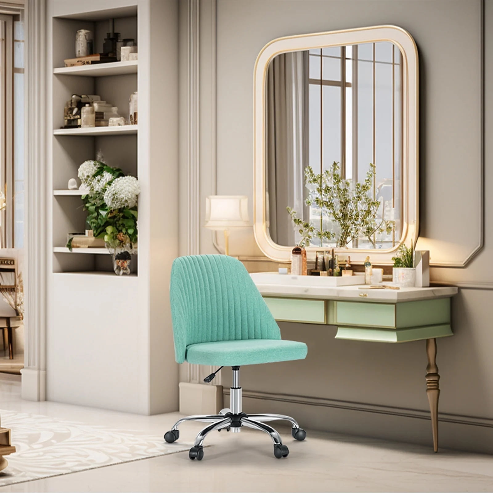 JOINSUN Armless Office Chair Modern Fabric Home Office Desk Chair, Adjustable Swivel Vanity Chair, Green